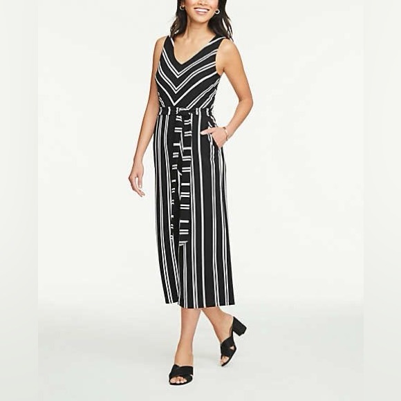 Ann Taylor Factory Pants - Ann Taylor Black & White Striped Tie Waist Wide Leg Cropped Jumpsuit | Size S